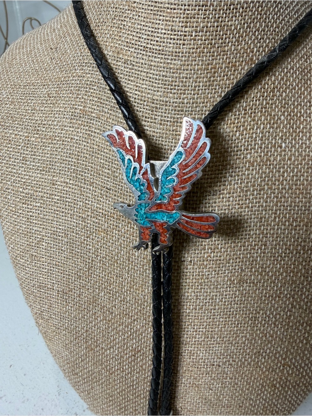 Vintage Eagle Bolo Tie Unisex Western Necklace Turquoise Southwest 18 Inch - Picture 2 of 4